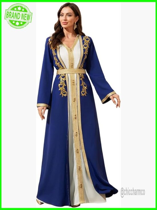 Dresses & Skirts - Gold Embroidered Maxi Dress Formal Evening Gown Modest Abaya